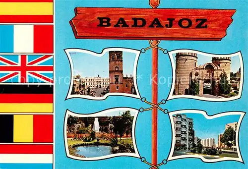 AK / Ansichtskarte Badajoz Kirche Stadttor Park Hochhaus Badajoz