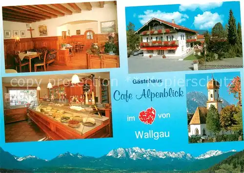 AK / Ansichtskarte Wallgau Gaestehaus Cafe Alpenblick Gastraum Verkaufstheke Kirche Wallgau
