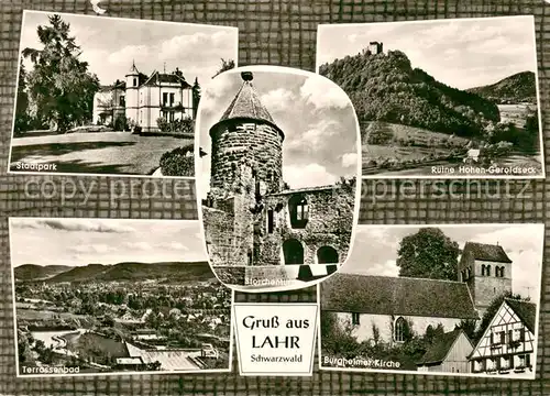 AK / Ansichtskarte Lahr_Baden Stadtpark Ruine Hohen Geroldsecke Storchenturm Terrassenbad Burgheimer Kirche Lahr_Baden