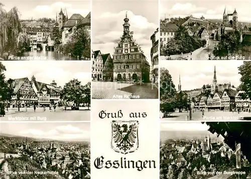 AK / Ansichtskarte Esslingen_Neckar Partie an der Maille Rathaus Marktplatz Burg Stadtpanorama Esslingen Neckar