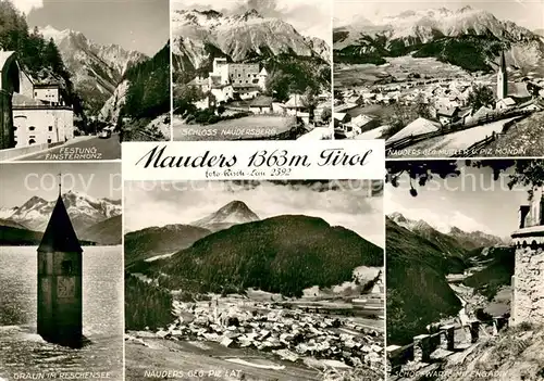 AK / Ansichtskarte Nauders_Tirol Festung Finsterholz Schloss Naudersberg Kirchturm im Reschensee Alpenpanorama Nauders Tirol