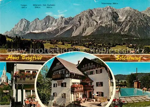 AK / Ansichtskarte Schladming_Obersteiermark Gaestehaus Pension Haus Burgfried Swimming Pool Panorama Dachsteingebirge Schladming_Obersteiermark