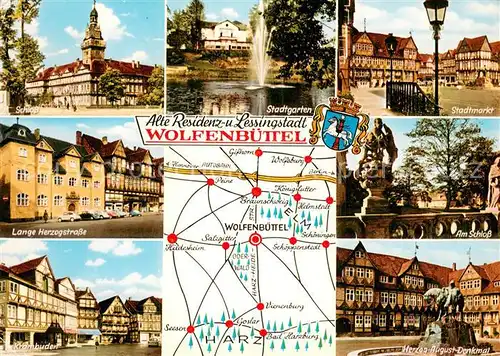 AK / Ansichtskarte Wolfenbuettel Residenz  und Lessingstadt Schloss Innenstadt Stadtgarten Markt Altstadt Herzog August Denkmal Landkarte Wolfenbuettel