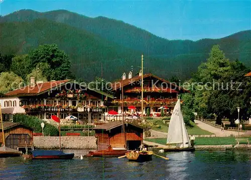 AK / Ansichtskarte Rottach Egern Gaestehaus Hoess mit Slezak Haus am Tegernsee Segeln Bootshaeuser Huber Karte Rottach Egern