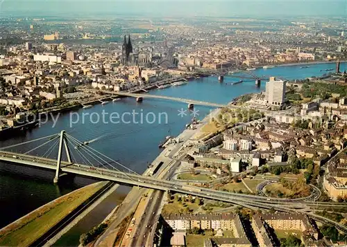 AK / Ansichtskarte Koeln_Rhein Fliegeraufnahme mit Rhein Dom und Severinsbruecke Deutzer Bruecke und Hohenzollernbruecke Koeln_Rhein