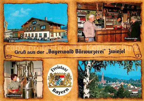 AK / Ansichtskarte Zwiesel_Niederbayern Bayerwald Baerwurzerei Zwiesel Destillierblase Probierstube Ortsansicht Zwiesel Niederbayern