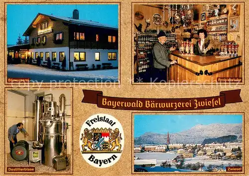 AK / Ansichtskarte Zwiesel_Niederbayern Bayerwald Baerwurzerei Zwiesel Destillierblase Probierstube Ortsansicht Zwiesel Niederbayern