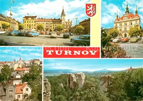 AK / Ansichtskarte Turnov Stadtzentrum Marktplatz Rathaus Sparkasse Landschaftspanorama Felsen Turnov