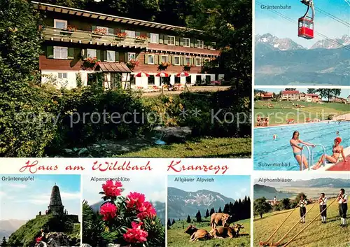 AK / Ansichtskarte Kranzegg Haus am Wildbach Gruentenbahn Schwimmbad Gruentengipfel Alpenrose Allgaeuer Alpvieh Alphornblaeser Kranzegg