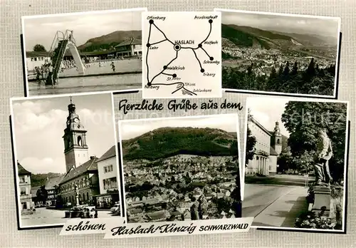 AK / Ansichtskarte Haslach_Kinzigtal Schwimmbad Panorama Kirche Brunnen Haslach_Kinzigtal