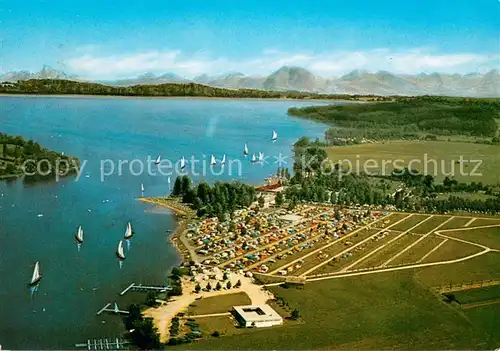 AK / Ansichtskarte Waging_See Strandkurhaus und Campingplatz Lido Alpenkette Fliegeraufnahme Waging_See