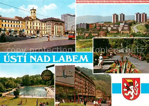 AK / Ansichtskarte Usti_nad_Labem_Aussig Platz Innenstadt Wohnsiedlung Thermalbad Einkaufszentrum Stadtpark Wappen 