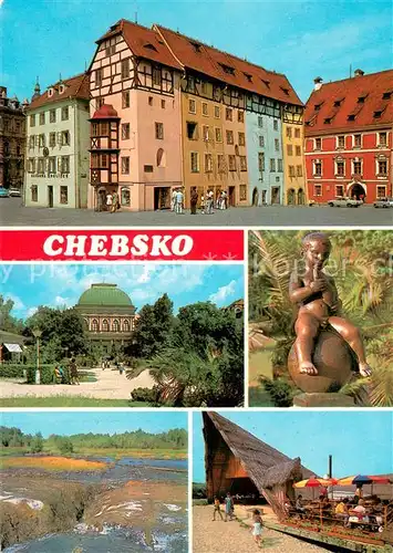 AK / Ansichtskarte Chebsko Altstadt Parkanlagen Statue Partie am Wasser Gaststaette Chebsko