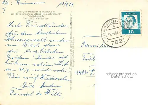 AK / Ansichtskarte Grafenhausen_Schwarzwald VdH Erholungsheim Haus Heimkehrerdank Schuechtmuehle Grafenhausen Schwarzwald