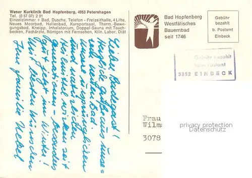 AK / Ansichtskarte Petershagen_Weser Kurklinik Bad Hopfenberg Hallenbad Speisesaal Sportplatz Petershagen Weser