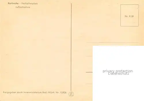 AK / Ansichtskarte Karlsruhe_Baden Festhallenplatz Fliegeraufnahme Karlsruhe_Baden