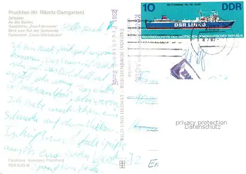 AK / Ansichtskarte Pruchten_Mecklenburg_Vorpommern Zeltplatz An der Barthe Gaststaette Zum Faehrmann Rat der Gemeinde Feriendorf Claus Stoertebeker Pruchten_Mecklenburg