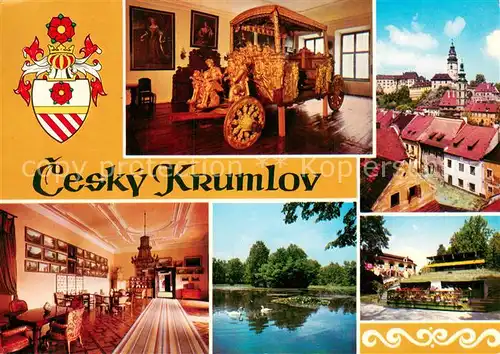 AK / Ansichtskarte Cesky_Krumlov Schloss Kutsche Foyer Schwanenteich Stadtansicht Cesky Krumlov