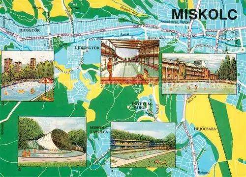AK / Ansichtskarte Miskolc Stadtplan Freibad Thermalbad Miskolc
