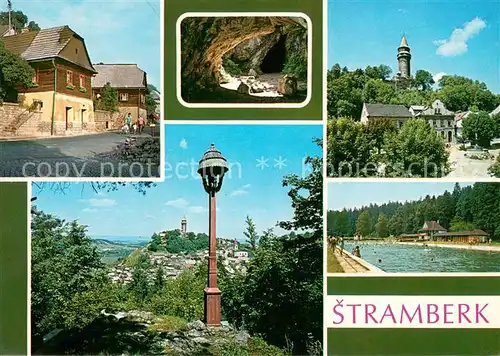 AK / Ansichtskarte Stramberk Alte Holzhaeuser Hoehle Motiv Zentrum Panorama Freibad Stramberk