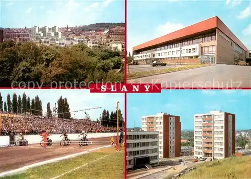 AK / Ansichtskarte Slany Stadtpanorama Sporthalle Motorradrennbahn Wohnsiedlung Hochhaeuser Slany