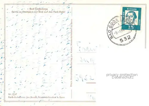 AK / Ansichtskarte Bad_Godesberg Partie im Stadtpark mit Blick auf das Parkhotel Wasserspiele Bad_Godesberg