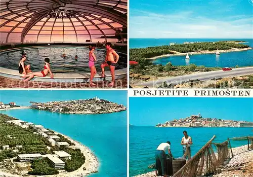 AK / Ansichtskarte Primosten Hallenbad Fliegeraufnahme Fischer am Strand Primosten