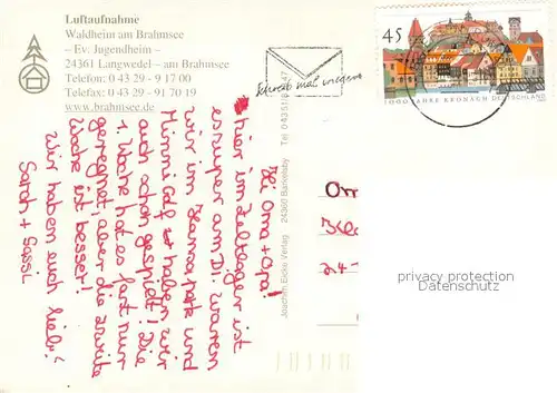 AK / Ansichtskarte Langwedel_Holstein Waldheim am Brahmsee Fliegeraufnahme Langwedel_Holstein