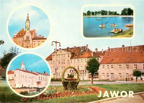 AK / Ansichtskarte Jawor Plac Wolnosci Ratusz z zachowana gotycka wieza zwienczona barokowym hetmem Osrodek sportow wodnych Zamek w przebudowany  Jawor