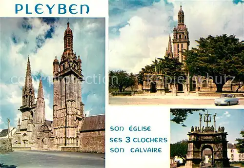 AK / Ansichtskarte Pleyben Le clocher gothique la Tour Renaissance lenclos paroissial et le Calvaire Pleyben