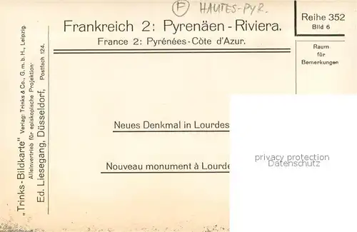 AK / Ansichtskarte Lourdes_Hautes_Pyrenees Nouveau Monument neues Denkmal Trinks Bildkarte Frankreich 2 Pyrenaeen Riviera Cote d Azur Reihe 352 Bild 6 Lourdes_Hautes_Pyrenees