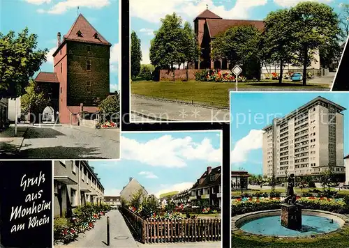 AK / Ansichtskarte Monheim_Rhein Staddtor Kirche Brunnen Hochhaus Monheim Rhein