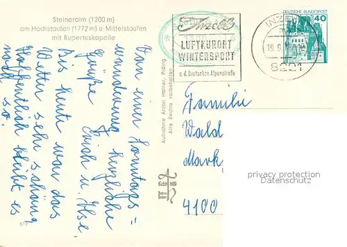 AK / Ansichtskarte Inzell Steineralm am Hochstaufen Mittelstaufen mit Rupertuskapelle Inzell