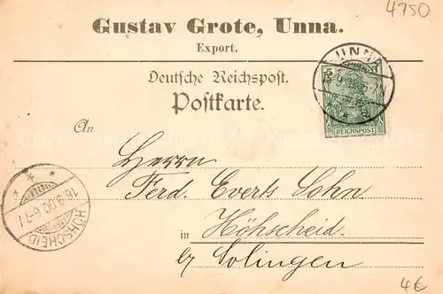 AK / Ansichtskarte Unna Korrespondenzkarte Gustav Grote Export Deutsche Reichspost Unna