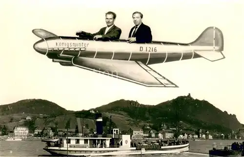 AK / Ansichtskarte Bad_Godesberg Bootsanleger Autofaehre Motorflugzeug Koenigswinter Blick zum Drachenfels Bad_Godesberg