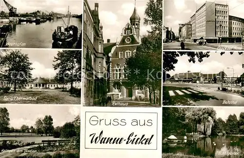 AK / Ansichtskarte Wanne Eickel Hafen Sol  und Thermalbad Parkanlagen Rathaus Glueckauf Haus Bahnhof Stadtgarten Teich Wanne Eickel
