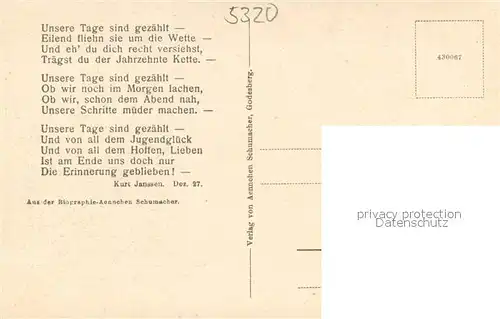 AK / Ansichtskarte Bad_Godesberg Aennchen Heim und die Linden Gedicht von Kurt Janssen Biographie Aennchen Schumacher Bad_Godesberg