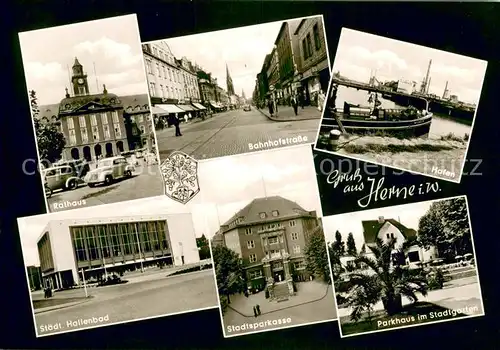 AK / Ansichtskarte Herne_Westfalen Rathaus Bahnhofstrasse Hafen Hallenbad Sparkasse Parkhaus im Stadtgarten Herne_Westfalen