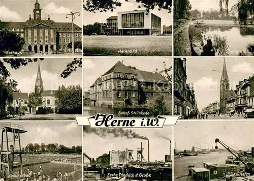 AK / Ansichtskarte Herne_Westfalen Rathaus Hallenbad Stadtgarten Haranniplatz Schloss Struenkede Bahnhofstrasse Kirche Freibad Zeche Hafen Herne_Westfalen