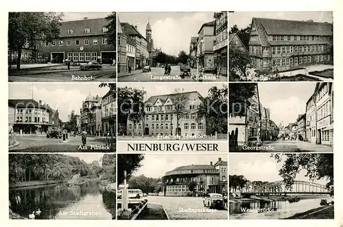 AK / Ansichtskarte Nienburg_Weser Bahnhof Langestrasse mit Rathaus Arbeitsamt Filmeck Friedrich Ebert Schule Georgstrasse Am Stadtgraben Stadtsparkasse Weserbruecke Nienburg Weser