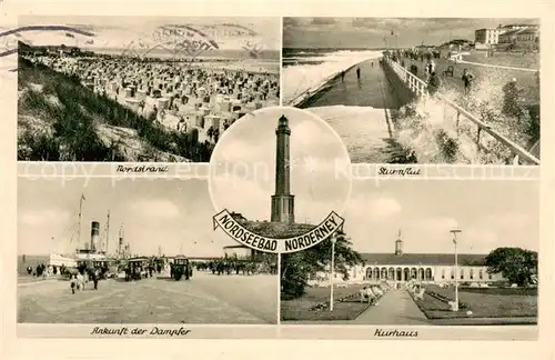 AK / Ansichtskarte Norderney_Nordseebad Nordstrand Sturmflut Dampferankunft Kurhaus Leuchtturm Norderney_Nordseebad