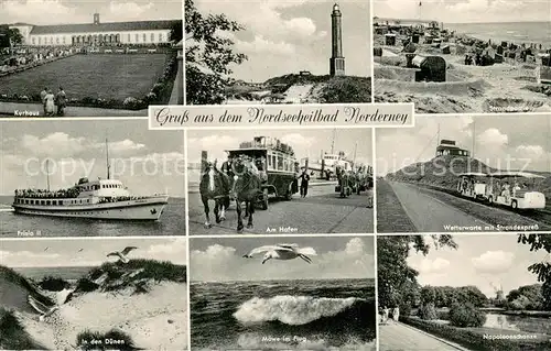 AK / Ansichtskarte Norderney_Nordseebad Kurhaus Frisia II Duenen Leuchtturm Am Hafen Moewe Strandpartie Wetterwarte Strandexpress Napoleonschanze Norderney_Nordseebad