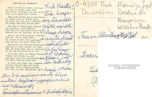 AK / Ansichtskarte Thale_Harz Dambachhaus ehem. Jagdresidenz des Kronprinzen Wilhelm von Preussen Hirsch Pfeil s Denkmal Gedicht Thale_Harz