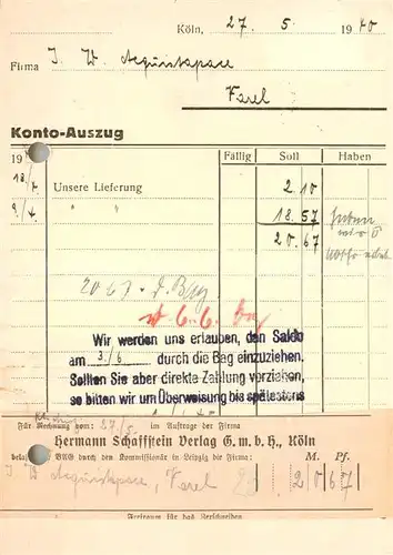 AK / Ansichtskarte Koeln_Rhein Hermann Schaffstein Verlag Konto Auszug Koeln_Rhein