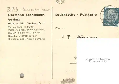 AK / Ansichtskarte Koeln_Rhein Hermann Schaffstein Verlag Konto Auszug Koeln_Rhein