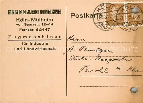 AK / Ansichtskarte Muelheim_Koeln Bernhard Hensen Zugmaschinen fuer Industrie ud Landwirtschaft Muelheim Koeln