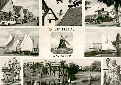 AK / Ansichtskarte Steinhude_Wunstorf Graf Adolf Strasse Storchennest Wilhelmstein Auswanderer Boote Muehle Seesteg Partie an der Bruecke 