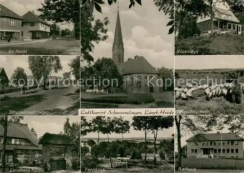 AK / Ansichtskarte Schneverdingen Am Markt Strasse nach Heber Landhaus Hoepen Kirche Fernblick Hoepenidyll Heidschnucken Rathaus Schneverdingen