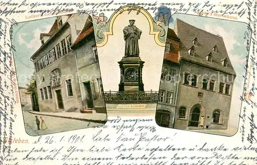 AK / Ansichtskarte Eisleben Luther s Geburtshaus und Sterbehaus Luther Denkmal Eisleben