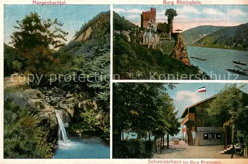 AK / Ansichtskarte Trechtingshausen Schweizerhaus bei Burg Rheinstein Morgenbachtal Wasserfall Trechtingshausen